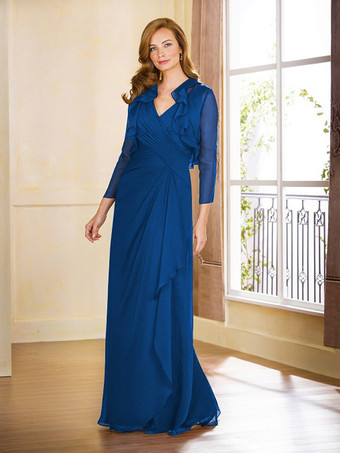 ブルーマザードレス Vネック ノースリーブ Aライン プリーツ フロアレングス ゲストドレス 結婚式用