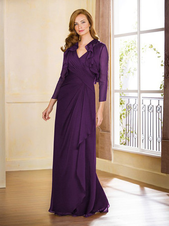 プラムマザードレス Vネック ノースリーブ Aライン プリーツ フロアレングス ゲストドレス 結婚式用