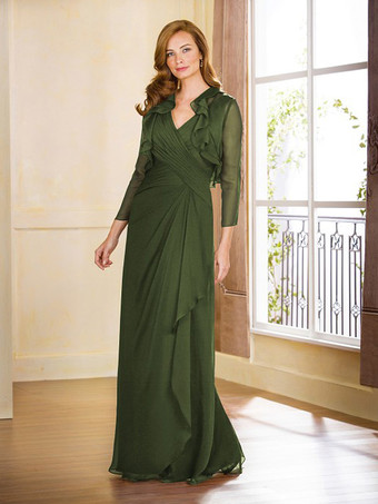 アボカドグリーンマザードレス Vネック ノースリーブ Aライン プリーツ フロアレングス ゲストドレス 結婚式用