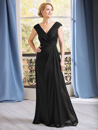 ブラックブライダルマザードレス Vネック ノースリーブ Aライン プリーツ フロアレングス ウェディングゲストドレス