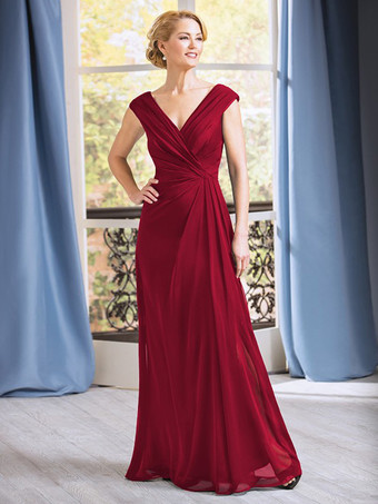 バーガンディーブライダルマザードレス Vネック ノースリーブ Aライン プリーツ フロアレングス ウェディングゲストドレス