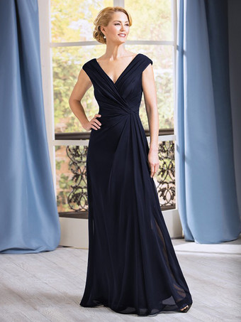 ダークネイビーブライダルマザードレス Vネック ノースリーブ Aライン プリーツ フロアレングス ウェディングゲストドレス