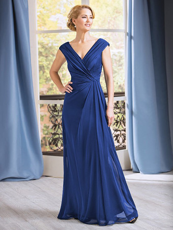 ブルーブライダルマザードレス Vネック ノースリーブ Aライン プリーツ フロアレングス ウェディングゲストドレス
