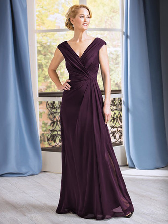 プラムブライダルマザードレス Vネック ノースリーブ Aライン プリーツ フロアレングス ウェディングゲストドレス