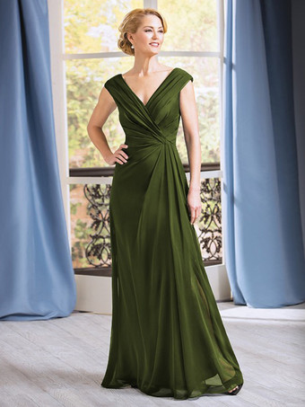 ダークグリーンブライダルマザードレス Vネック ノースリーブ Aライン プリーツ フロアレングス ウェディングゲストドレス