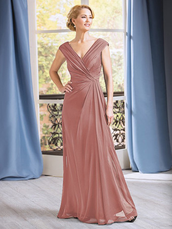 ダークピンクブライダルマザードレス Vネック ノースリーブ Aライン プリーツ フロアレングス ウェディングゲストドレス