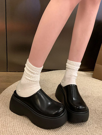 レディース ブラウン クロッグ ラウンドトゥ プラットフォーム ミュール