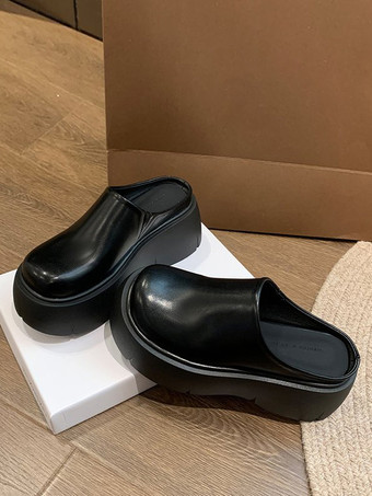 ブラック レディース ブラウン クロッグ ラウンドトゥ プラットフォーム ミュール