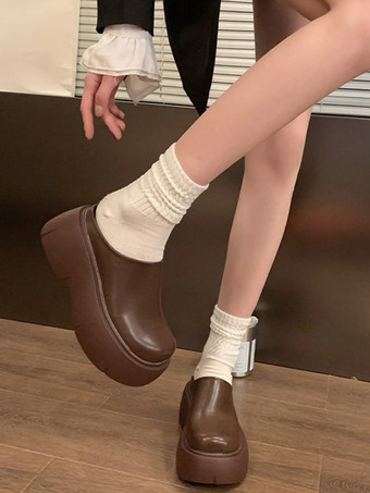 レディース ブラウン クロッグ ラウンドトゥ プラットフォーム ミュール