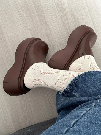 レディース ブラウン クロッグ ラウンドトゥ プラットフォーム ミュール