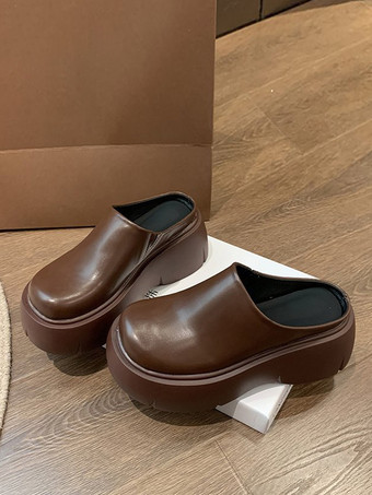 レディース ブラウン クロッグ ラウンドトゥ プラットフォーム ミュール