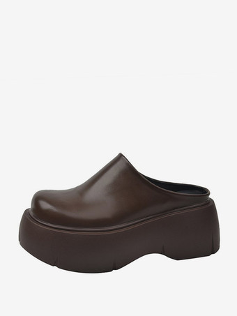 ブラウン レディース ブラウン クロッグ ラウンドトゥ プラットフォーム ミュール