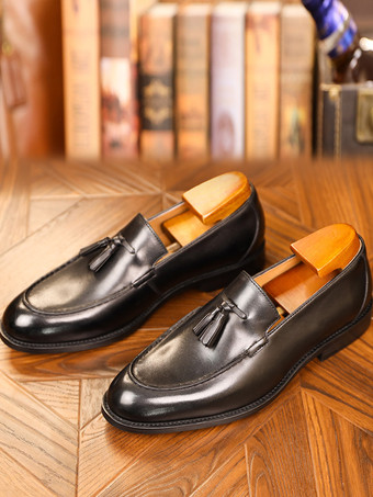 ブラック メンズ ローファー シューズ PUレザー タッセル プロム ホームカミング ウェディング シューズ