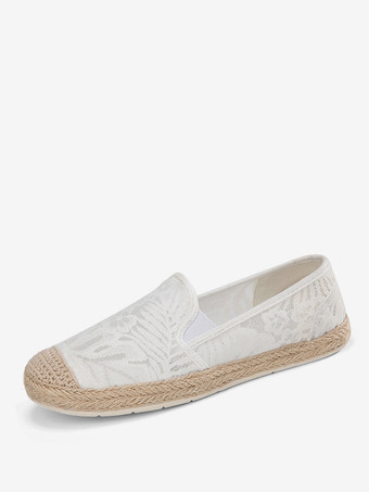 レディース レース エスパドリーユ ホワイト ラウンドトゥ スリップオン ローファー