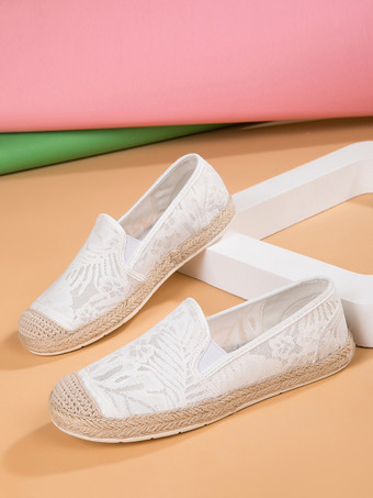 レディース レース エスパドリーユ ホワイト ラウンドトゥ スリップオン ローファー