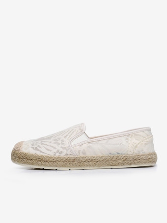 アイボリー レディース レース エスパドリーユ ホワイト ラウンドトゥ スリップオン ローファー