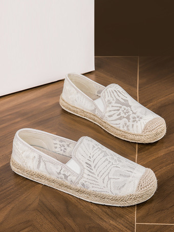 レディース レース エスパドリーユ ホワイト ラウンドトゥ スリップオン ローファー