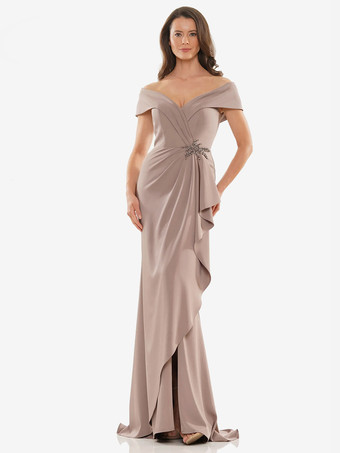 サーモンピンクマザードレス オフショルダー ノースリーブ マーメイドアップリケ フロアレングス ウェディングゲストドレス