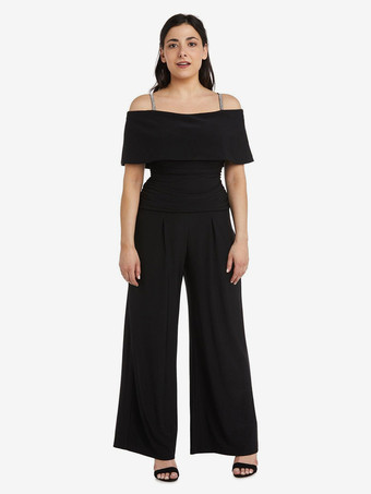 ブラック花嫁の母親のためのパーティードレス オフショルダー ノースリーブ ジャンプスーツ プリーツ ゲストドレス 結婚式用