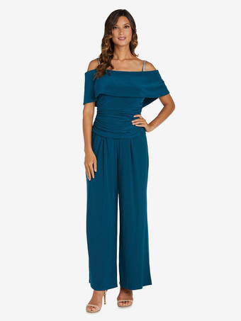 ティール花嫁の母親のためのパーティードレス オフショルダー ノースリーブ ジャンプスーツ プリーツ ゲストドレス 結婚式用