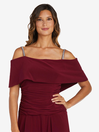 花嫁の母親のためのパーティードレス オフショルダー ノースリーブ ジャンプスーツ プリーツ ゲストドレス 結婚式用