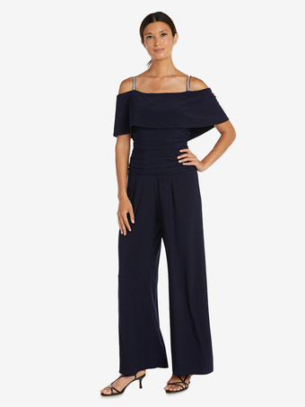 ダークネイビー花嫁の母親のためのパーティードレス オフショルダー ノースリーブ ジャンプスーツ プリーツ ゲストドレス 結婚式用