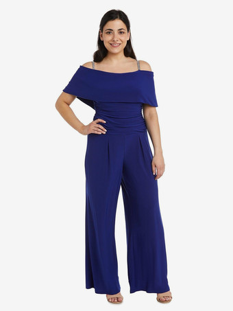ロイヤルブルー花嫁の母親のためのパーティードレス オフショルダー ノースリーブ ジャンプスーツ プリーツ ゲストドレス 結婚式用