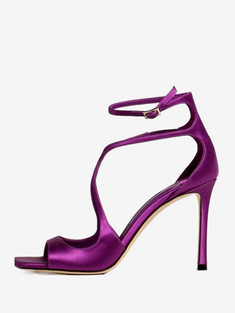 パープル レディースヒールサンダル スクエアトゥ メタリックストラップ スティレットヒール プロムサンダル