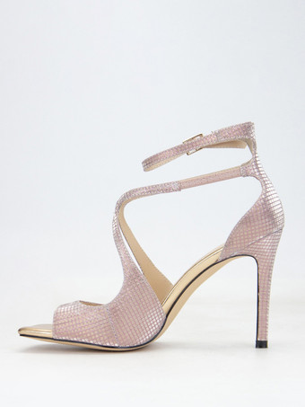 レディースヒールサンダル スクエアトゥ メタリックストラップ スティレットヒール プロムサンダル