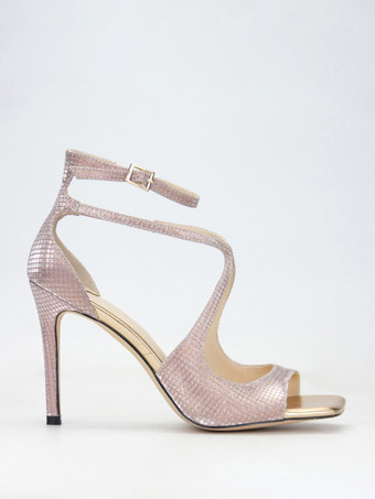 レディースヒールサンダル スクエアトゥ メタリックストラップ スティレットヒール プロムサンダル