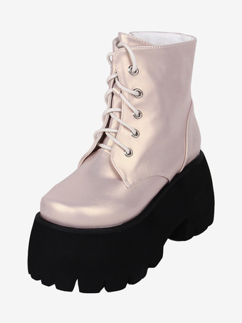 カーキ ゴシックロリータブーツカーキラウンドトゥPUレザーロリータフットウェア