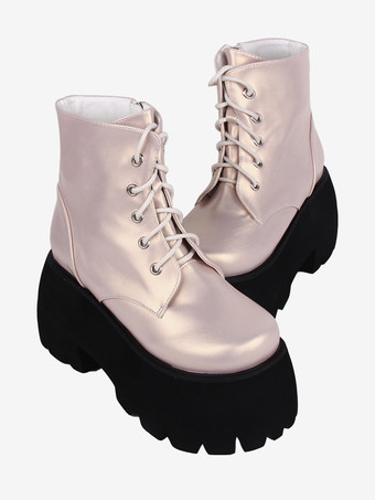 ゴシックロリータブーツカーキラウンドトゥPUレザーロリータフットウェア