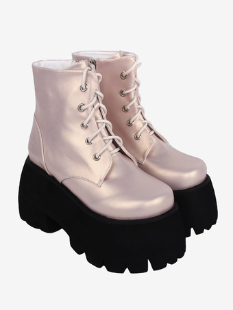 ゴシックロリータブーツカーキラウンドトゥPUレザーロリータフットウェア