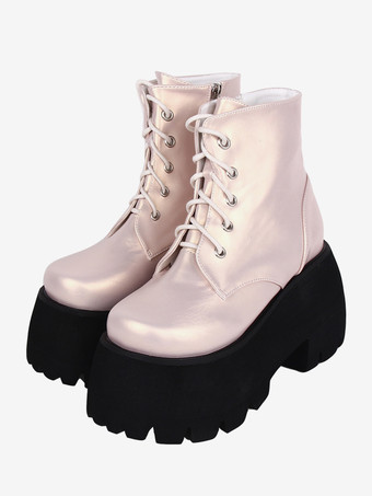 ゴシックロリータブーツカーキラウンドトゥPUレザーロリータフットウェア