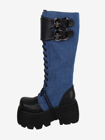 ブラック ゴシック ロリータ ブーツ ブラック グロメット メタリック ラウンドトゥ PU レザー ロリータ フットウェア