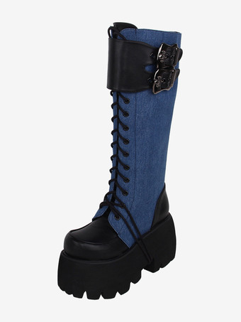 ゴシック ロリータ ブーツ ブラック グロメット メタリック ラウンドトゥ PU レザー ロリータ フットウェア