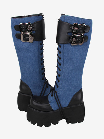 ゴシック ロリータ ブーツ ブラック グロメット メタリック ラウンドトゥ PU レザー ロリータ フットウェア