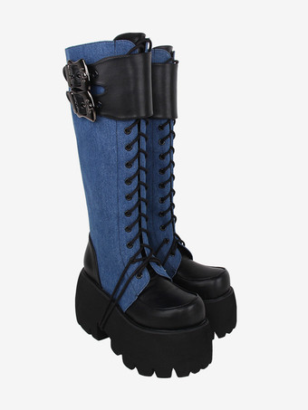 ゴシック ロリータ ブーツ ブラック グロメット メタリック ラウンドトゥ PU レザー ロリータ フットウェア