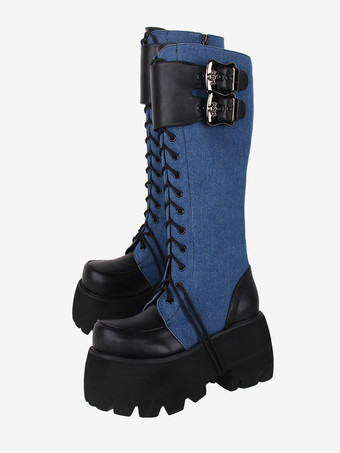 ゴシック ロリータ ブーツ ブラック グロメット メタリック ラウンドトゥ PU レザー ロリータ フットウェア