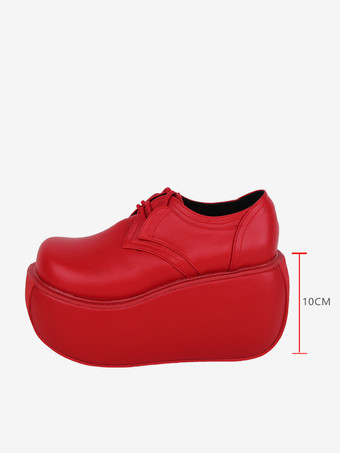 レッドゴシック ロリータ フットウェア トゥーレ レッド メタリック レースアップ ラウンドトゥ PU レザー ロリータ パンプス