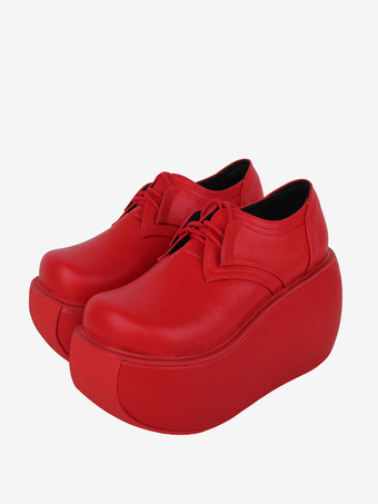 ゴシック ロリータ フットウェア トゥーレ レッド メタリック レースアップ ラウンドトゥ PU レザー ロリータ パンプス