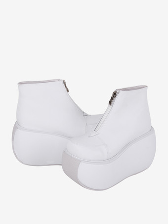 ホワイト ゴシックロリータフットウェア ホワイトメタルディテール メタリックPUレザー ウェッジヒール ロリータシューズ