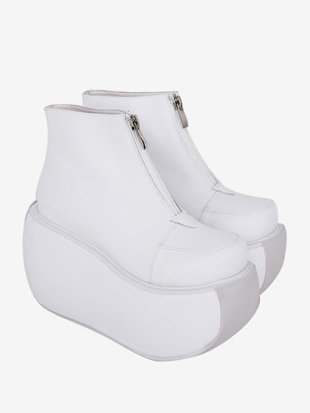 ゴシックロリータフットウェア ホワイトメタルディテール メタリックPUレザー ウェッジヒール ロリータシューズ