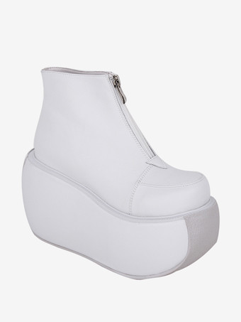 ゴシックロリータフットウェア ホワイトメタルディテール メタリックPUレザー ウェッジヒール ロリータシューズ