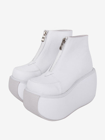 ゴシックロリータフットウェア ホワイトメタルディテール メタリックPUレザー ウェッジヒール ロリータシューズ