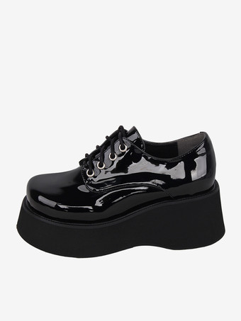 スチームパンク ロリータ フットウェア ブラック パテントレザー レースアップ ラウンドトゥ PU レザー ロリータ シューズ