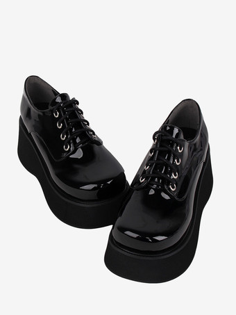 スチームパンク ロリータ フットウェア ブラック パテントレザー レースアップ ラウンドトゥ PU レザー ロリータ シューズ