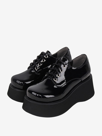 スチームパンク ロリータ フットウェア ブラック パテントレザー レースアップ ラウンドトゥ PU レザー ロリータ シューズ