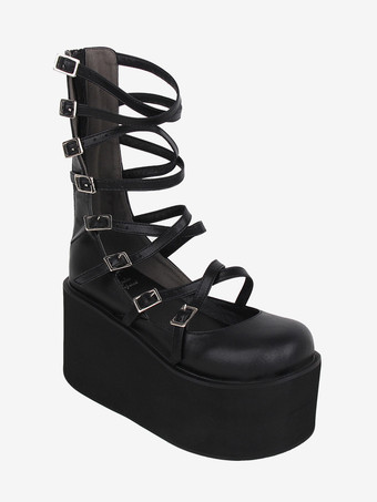 ブラック スイートロリータサンダル ブラック レースアップ PUレザー ラウンドトゥ ロリータ サマーシューズ