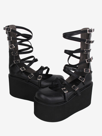 スイートロリータサンダル ブラック レースアップ PUレザー ラウンドトゥ ロリータ サマーシューズ